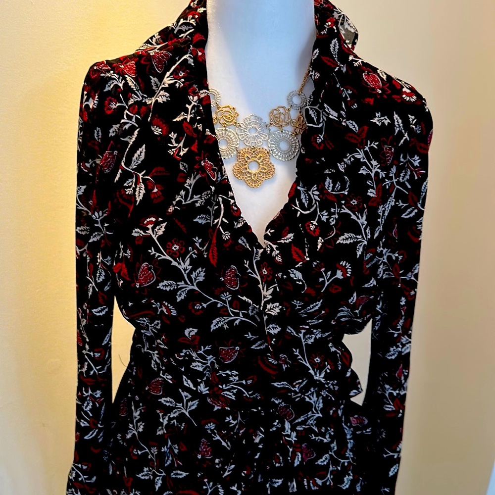 Michael Kors Black Floral Wrap Dress with Red and White Accents